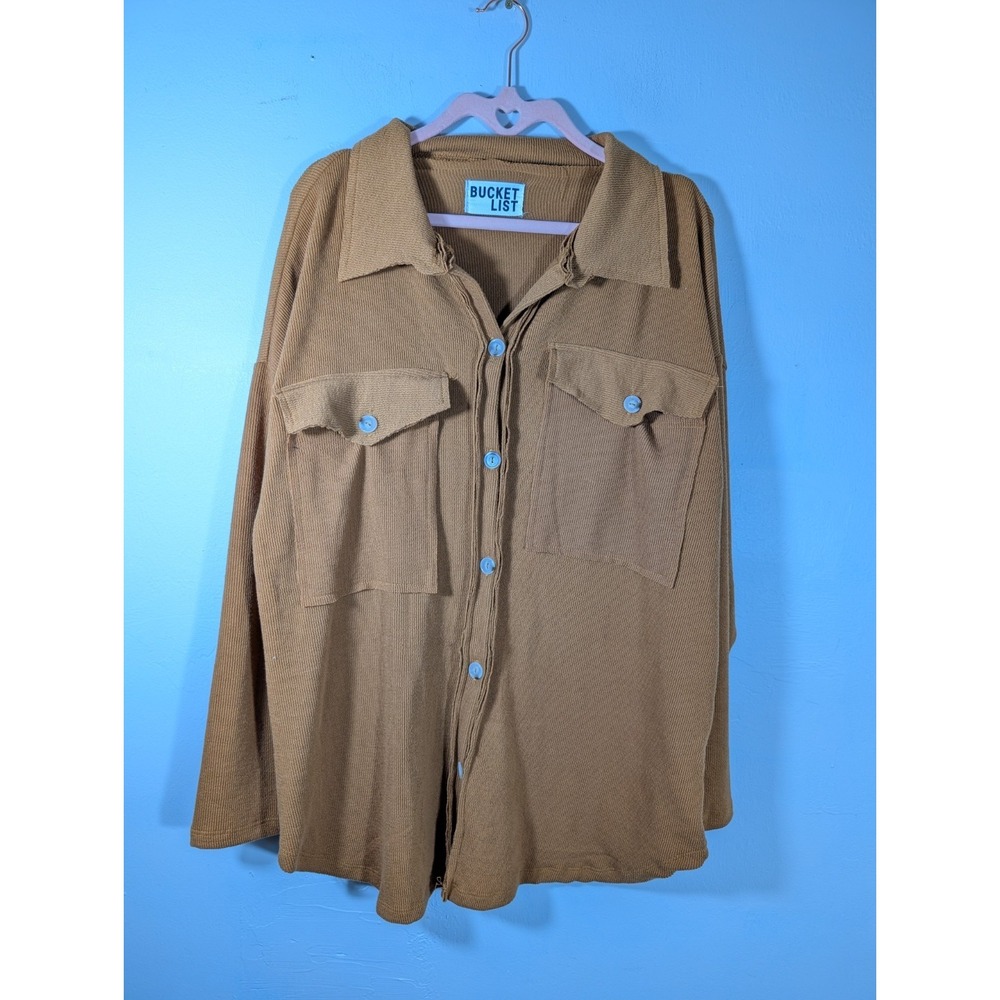 BUCKET LIST Top Womens S Utility Shirt Button Front Long Sleeve Brown Oversized